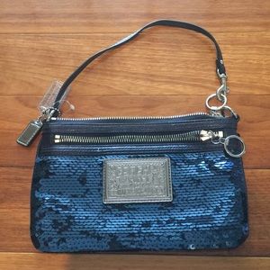 NWOT blue sequin Coach Clutch /Large Wristlet